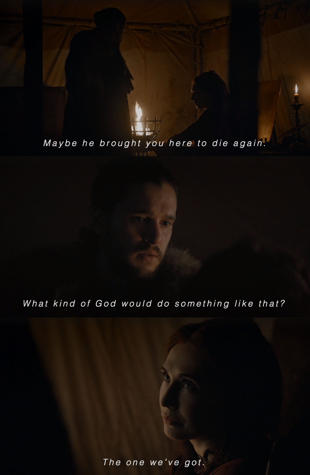 Melisandre et Jon Snow échangent sur les Dieux