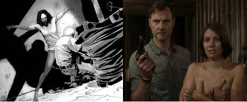 A gauche : Le viol de Michonne par le Gouverneur dans les comics, à droite : Le viol "psychologique" de Maggie par le Gouverneur