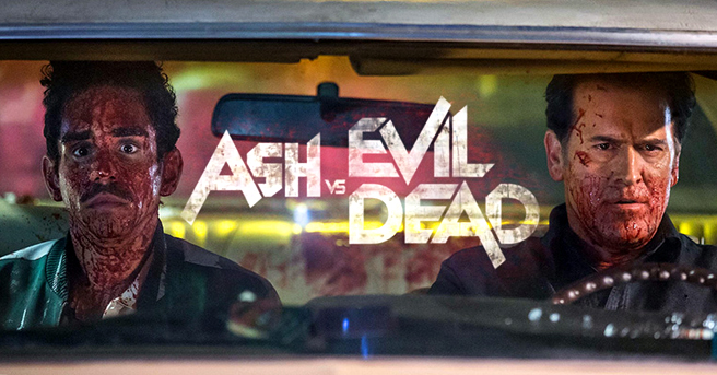 Affiche Ash Vs Evil Dead - Ash et son pote au volant d'une voiture, le visage en sang