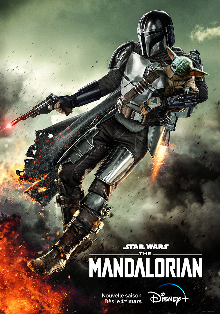 Affiche de la saison 3 avec le Mandalorian et Bébé Yoda.