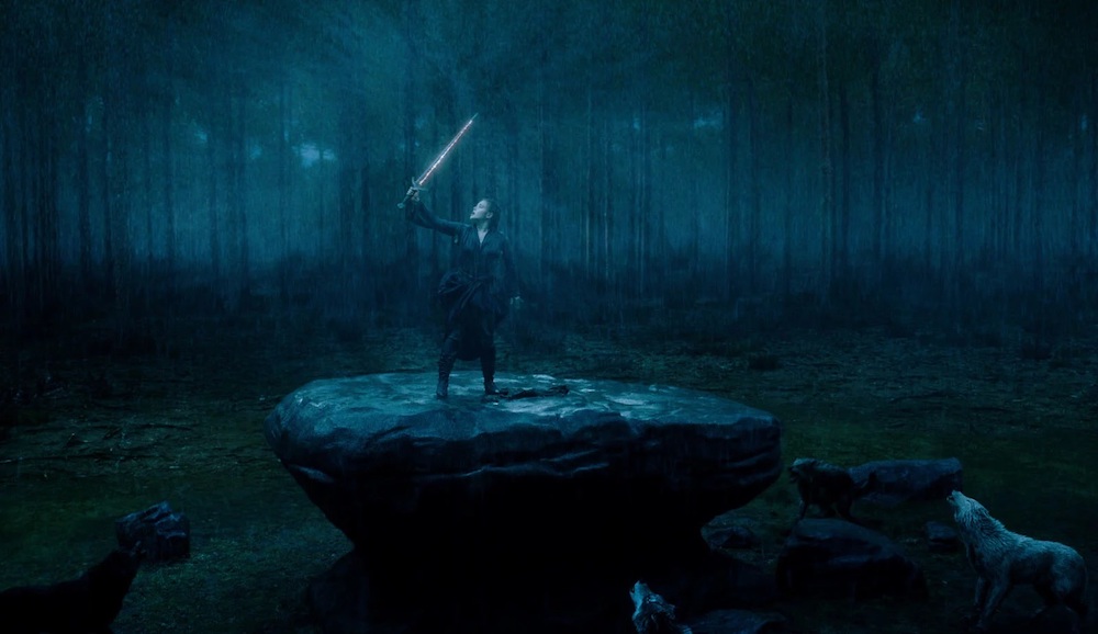 Nimue sur un rocher, l'épée levée en signe de défi, une meute de loup entourant le rocher.