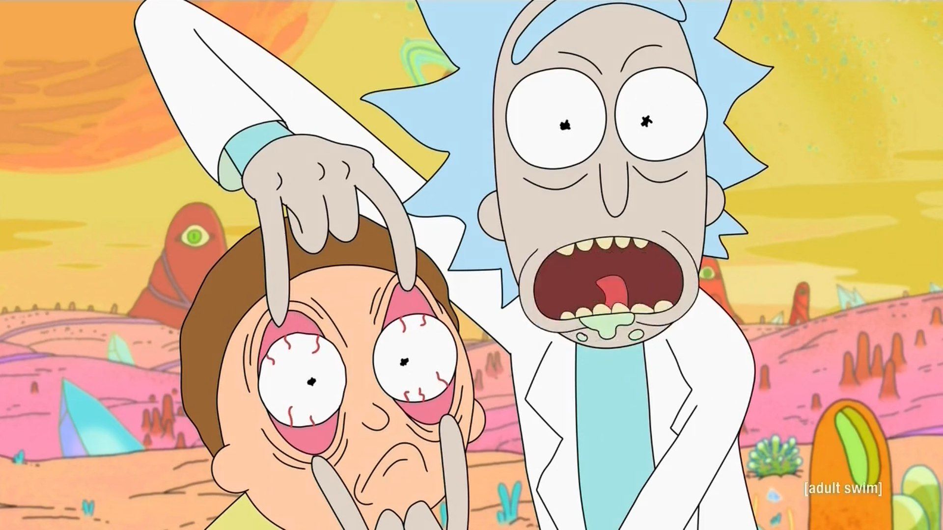 Rick forçant Morty à regarder.
